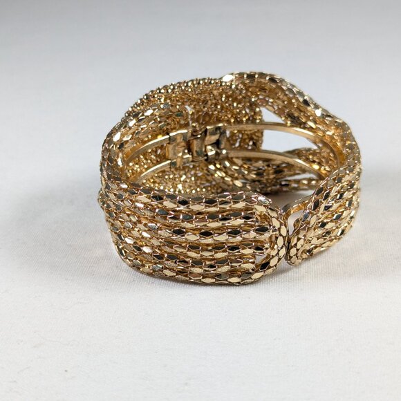 1980s chunky gold tone hinged metal mesh knot cuff bracelet - Picture 4 of 5
